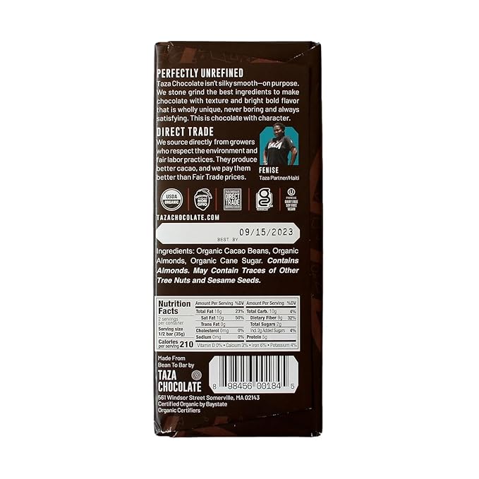 Taza Chocolate Organic Amaze Bar 95% Stone Ground, Wicked Dark with Almonds, 2.5 Ounce (6 Count), Vegan