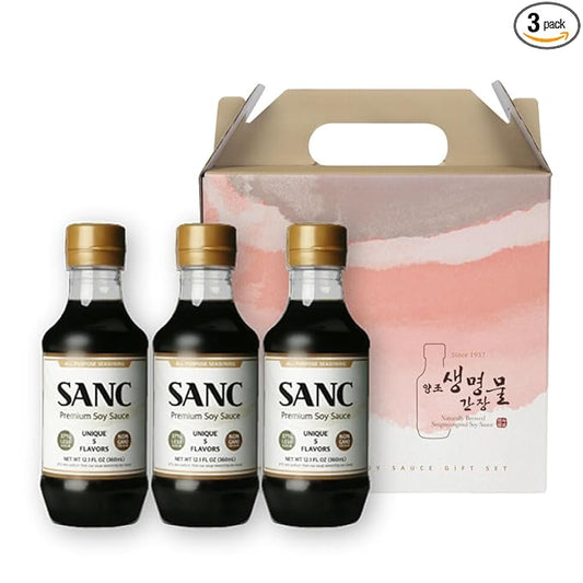 SANC All Purpose Korean Soy Sauce, 12.2 Fl Oz (Pack of 3) – Less-Sodium Salt Substitute, NON-GMO Bean, No Artificial Additives, Naturally Brewed Soy Sauce with Music Fermentation
