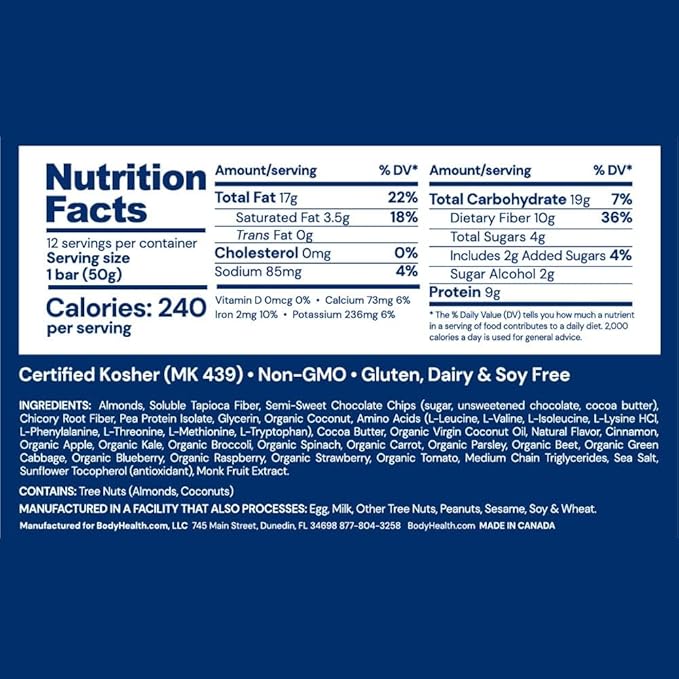 BodyHealth PerfectAmino Bar – Protein Energy Snack with 10g Protein, Plant-Based MCTs, Superfood Blend, Non-GMO, Gluten, Dairy & Soy Free (Blondie, 12 Pack)