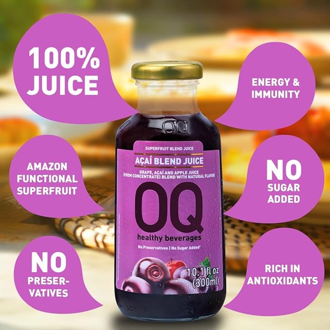 OQ Healthy Beverages Brazilian Açaí Juice, 100% Pure Blend | Antioxidant Superfruit Drink | Naturally Energizing Taste | 10.14 fl oz (Pack of 12)