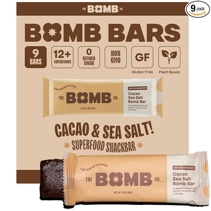 The Bomb Co. Blender Bomb Bar, Cacao Sea Salt, Superfood Snack Bar, Antioxidant Supplement, Almond Butter, Hemp Seeds, Chia Seeds, Flax Seeds, Vegan Chocolate Chips, Cacao Powder, Sea Salt, 9 Bars