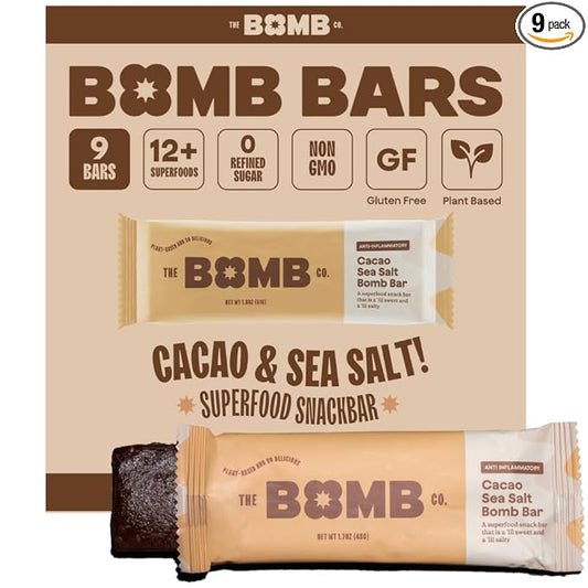 The Bomb Co. Blender Bomb Bar, Cacao Sea Salt, Superfood Snack Bar, Antioxidant Supplement, Almond Butter, Hemp Seeds, Chia Seeds, Flax Seeds, Vegan Chocolate Chips, Cacao Powder, Sea Salt, 9 Bars