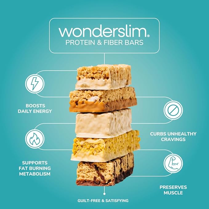 Wonderslim High Fiber Protein Bars, Variety Pack | 15g Protein, 8g Fiber | Low Sugar, Low Carb | Healthy Indulgence | Satisfying, Supports Energy & On-the-Go Convenience, 7 Pack