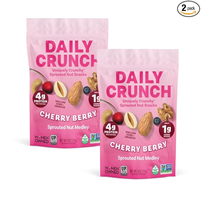 Daily Crunch Sprouted Almonds and Dehydrated nuts for a Unique Crunch, Keto Friendly, Non-GMO Zero Seed Oils, Gluten Free 4oz (2 Pack, Cherry Berry)