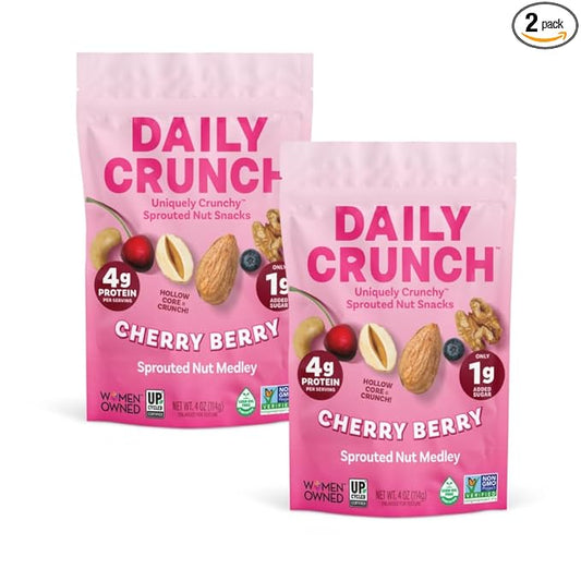 Daily Crunch Sprouted Almonds and Dehydrated nuts for a Unique Crunch, Keto Friendly, Non-GMO Zero Seed Oils, Gluten Free 4oz (2 Pack, Cherry Berry)