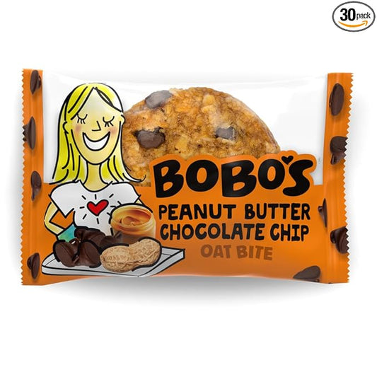 Bobo's Oat Bites, Peanut Butter Chocolate Chip, 1.3 oz Bites (30 Pack Box), Gluten Free Whole Grain Snack, Vegan On-The-Go
