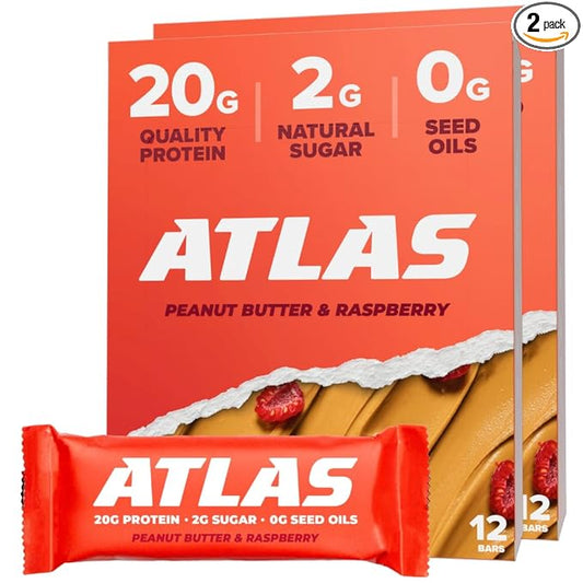 Atlas Real Food Protein Bar – 20g Clean Protein, 2g Sugar, No Seed Oils, No Artificial Sweeteners (Peanut Butter Raspberry, 24 Count)