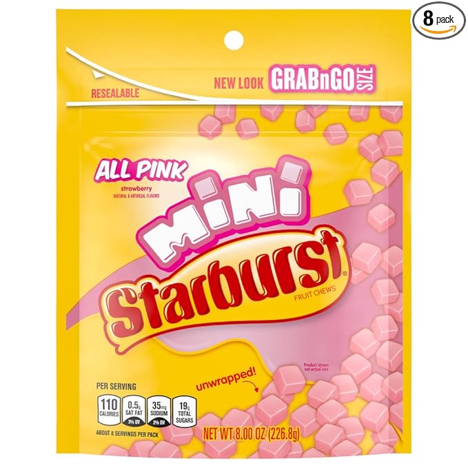 STARBURST Candy Bulk - Minis All Pink Fruit Chews, Pink Snacks, 8oz (Pack of 8)