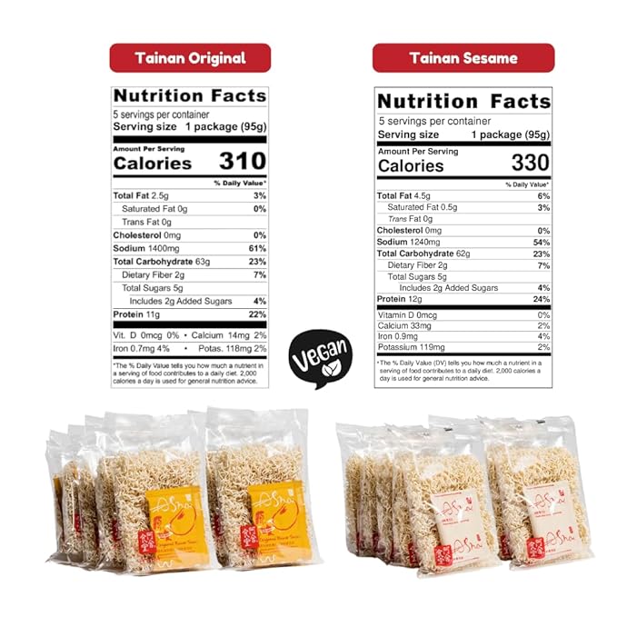 A-Sha Tainan Variety Pack (2 Flavors, 20 Count), Vegan, Air-Dried, 11g of Plant-Based Protein, Thin Sized Noodles