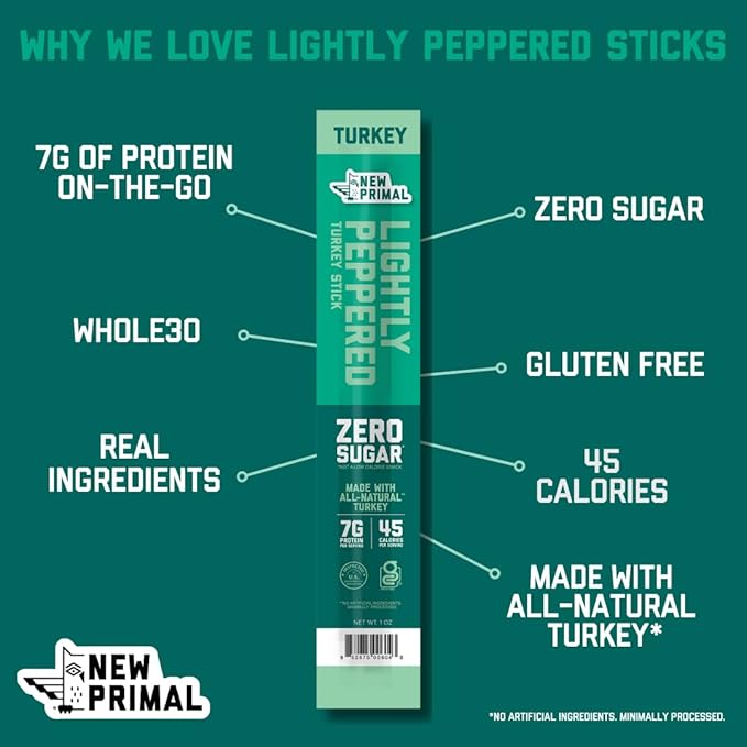 New Primal Lightly Peppered Turkey Sticks, Keto, Gluten Free Healthy Snacks, Sugar Free Low Carb High Protein, Jerky Meat Stick, 7g Protein, 20 Ct