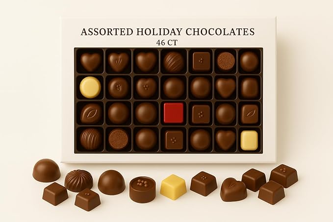 Belgian Luxury Chocolate Gift Box 46 Handcrafted Pieces | Gourmet Assortment of Milk, Dark & White Pralines with Hazelnut, Caramel & Ganache Filling | Made With Sustainable Cocoa