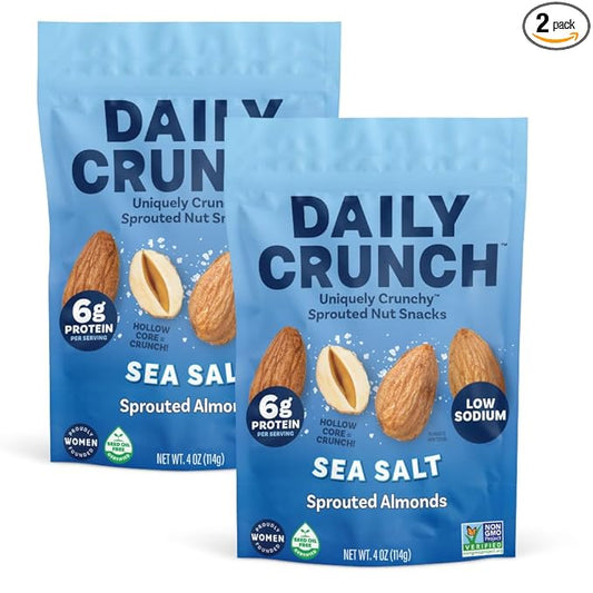 Daily Crunch Sprouted Almonds and Dehydrated Nuts for a Unique Crunch, Keto Friendly, Non-GMO Zero Seed Oils, Gluten Free, 4oz (2 Pack, Sea Salt)