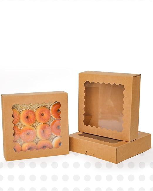 qiqee 8x8x2.5 Inch Brown Pastry Box With Window Donut Pie Boxes 12pcs Bakery Box (Auto-pop Up)