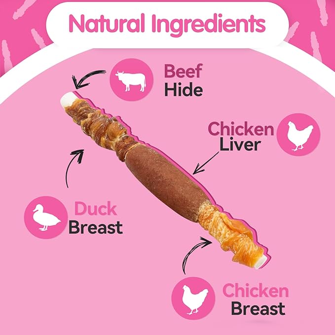 Puddonio Dog Treats, Triple Flavor Rawhide Sticks, Chicken, Duck & Chicken Liver, Chews for Medium & Small Dogs, 10.58 oz