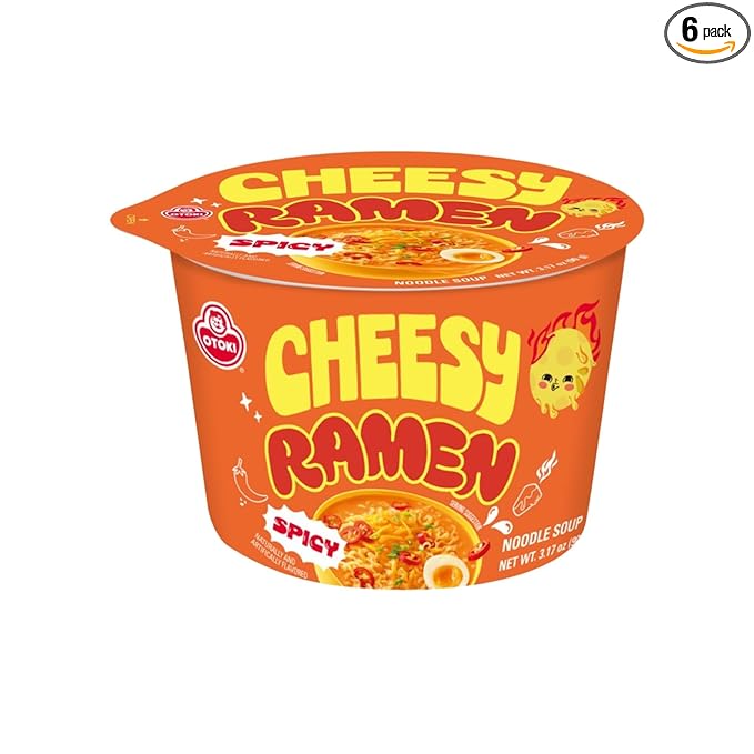 Cheesy Ramen (Bowl) – Spicy Flavor | Bold, Creamy & Cheesy Korean Instant Bowl Noodles with a Spicy Kick, 3.17 oz (Pack of 6)