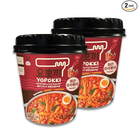 Yopokki Instant Rabokki Cup (Hot Spicy, 2 Cups) Korean Street food with Hot spicy sauce Ramen Noodle Topokki Rice Cake - Quick & Easy to Prepare