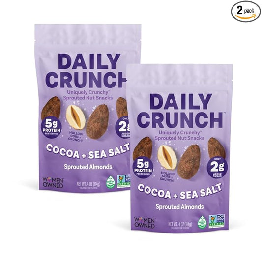 Daily Crunch Sprouted Almonds and Dehydrated nuts for a Unique Crunch, Keto Friendly, Non-GMO Zero Seed Oils, Gluten Free 4oz (2 Pack, Cocoa & Sea Salt)