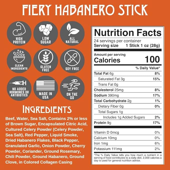 Righteous Felon Meat Sticks | 100% Grass Fed Beef | Keto, Gluten-Free, Low Sugar, High Protein Healthy Snacks | Valentines Day Jerky Gifts for Men | Fiery Habanero Beef Sticks, 24 Count