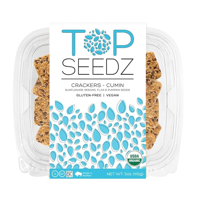 Top Seedz Certified Organic Gluten Free Cumin Seed Crackers | 6-Pack | 5 Ounces | Healthy Vegan Crackers with Plant Based Protein | Made of Sunflower, Flax, Sesame and Pumpkin Seed