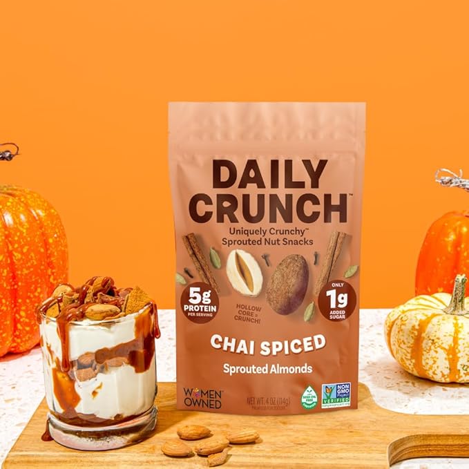 Daily Crunch Sprouted Almonds and Dehydrated nuts for a Unique Crunch, Keto Friendly, Non-GMO Zero Seed Oils, Gluten Free 4oz (2 Pack, Spiced Chai Pear)
