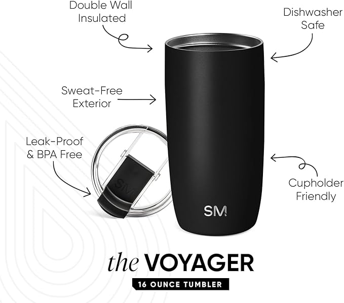 Simple Modern Travel Coffee Mug Tumbler with Flip Lid | Reusable Insulated Stainless Steel Cold Brew Iced Coffee Cup Thermos | Gifts for Women Men Him Her | Voyager Collection | 16oz | Midnight Black | with Flip Lid, Reusable, Insulated, Cold Brew, Ice...