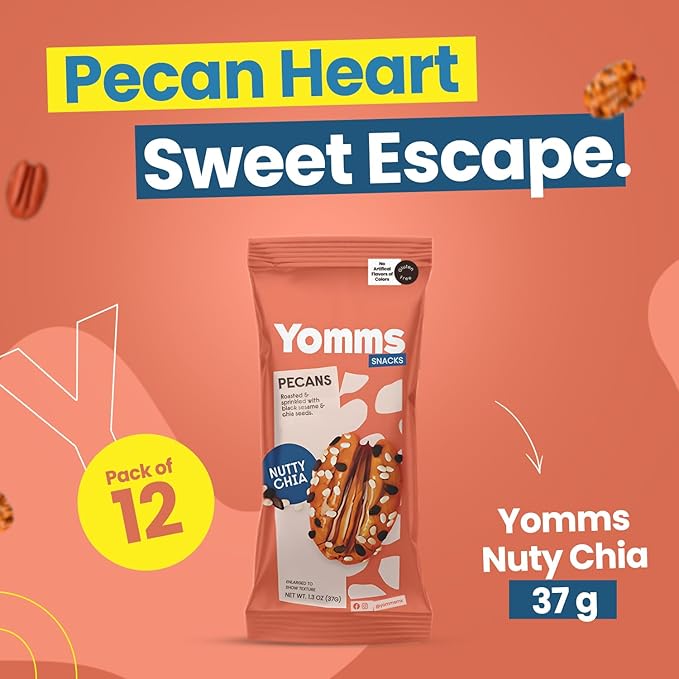 Yomms Nutty Chia Glazed Whole Pecan Halves, 15.6 oz (12 Pack), Gluten-Free & Non-GMO Healthy Dessert Snacks – Low Sugar Chia Seed & Crunchy Candied Nut Pouches – Gourmet Roasted Snacking Pecans – 1.3oz Individual Bags