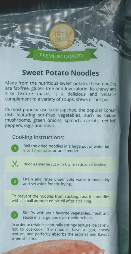 Four Elephants Sweet Potato Glass Noodles 35 oz (1kg), Family Value, Vegan, Gluten-Free & Non-GMO Korean Vermicelli for Japchae, Stir-Fry, Hot Pot, and Asian Cooking
