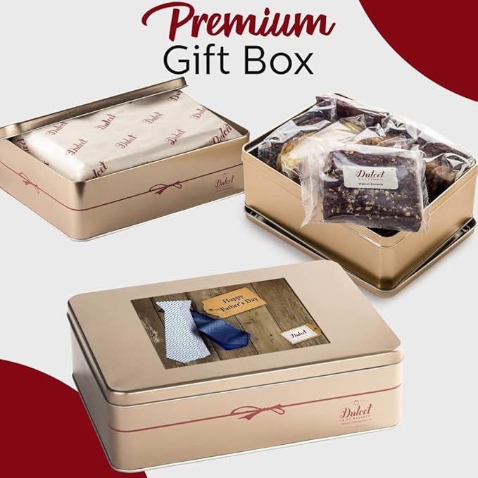 Dulcet Gift Baskets Fathers Day Brownie Assortment Gift Tin Baked Snacks Flavor including Chocolate Cheese Walnut Fudge-Chocolate Chip Blondie Gift for Men Dad Father Grandfather Him or Son