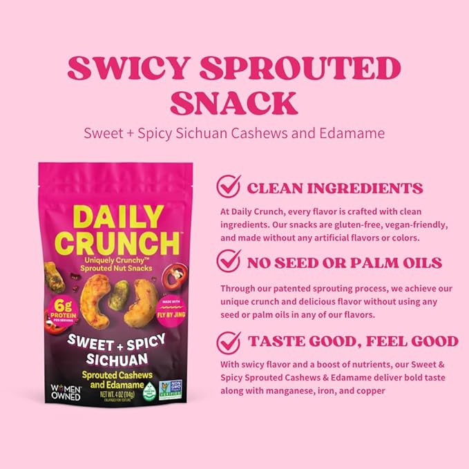 Daily Crunch Sprouted Cashews and Dehydrated nuts for a Unique Crunch, Keto Friendly, Non-GMO Zero Seed Oils, Gluten Free 4oz (6 Pack, Sichuan)