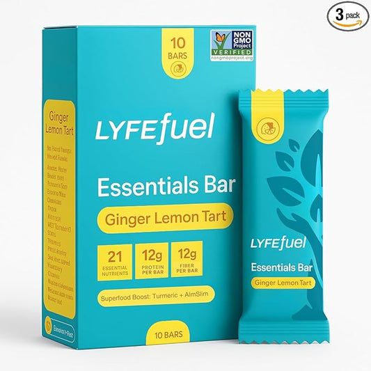 LyfeFuel Essential High Protein Bars | Meal Replacement, Vegan, 12g Plant-Based Low Carb Protein Bars for Intermittent Fasting - High Fiber, MCT Oil, 21 Organic Vitamins & No Sugar | 30 Servings | Lemon Ginger Tart