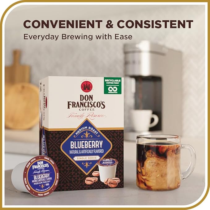Don Francisco's Blueberry Flavored Coffee Pods, 72 Count, Medium Roast, Compatible with Keurig Brewers