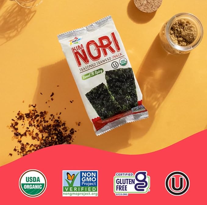KIMNORI Seasoned Seaweed Snacks Sheets – Sweet ’N Spicy, 24 Individual Packs, Roasted Crispy Premium, 100% Natural Laver, 0.14 Ounce