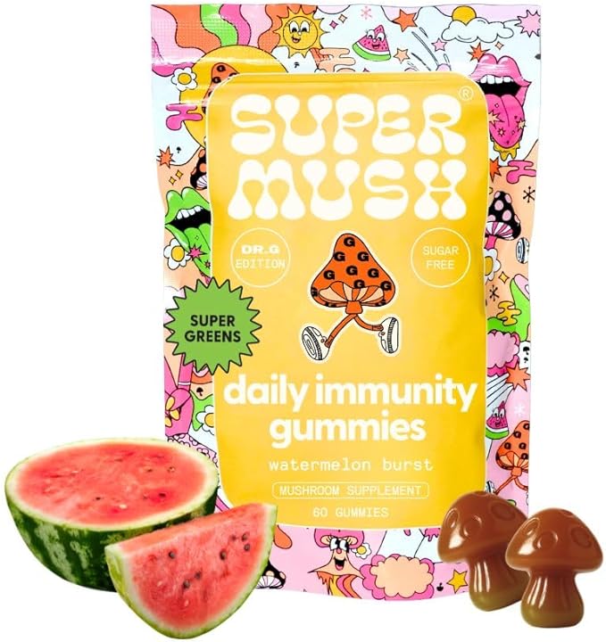 SuperMush Dr. G Daily Greens Gummies - Lion’s Mane, Spirulina, Chlorella, Ashwagandha, Prebiotics & Vitamins C, D, Zinc - Sugar Free Greens Gummies for Immunity, Gut Health & Radiance - Vegan 60 Ct