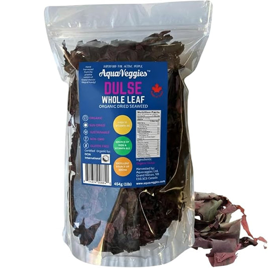 Aqua Veggies Organic Atlantic Dulse Whole Leaf – Hand-Harvested & Sun-Dried from Bay of Fundy – Rich in Iodine, B6, B12, Iron, Protein, Calcium & Magnesium – Vegan Superfood (16 Ounce)