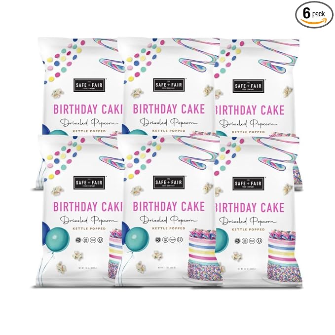 Safe + Fair Birthday Cake Drizzled Popcorn - Gluten-Free, Dairy Free and Vegan Snack - Free From Top 9 Allergens and Artificial Ingredients – Non GMO, Plant Based Kettle Popped Corn, 5.5oz, 6 Pack