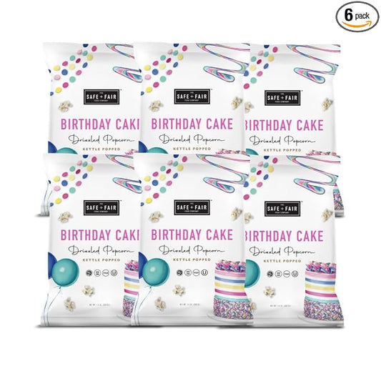 Safe + Fair Birthday Cake Drizzled Popcorn - Gluten-Free, Dairy Free and Vegan Snack - Free From Top 9 Allergens and Artificial Ingredients – Non GMO, Plant Based Kettle Popped Corn, 5.5oz, 6 Pack