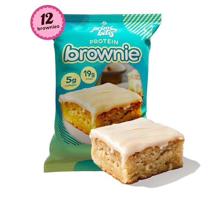 Prime Bites High Protein Brownie (12 Per Box, Glazed Cinnamon Roll) - 19g of Protein, 5g of Collagen, Gluten Free, Low Sugar Treat, Delicious Protein Snack