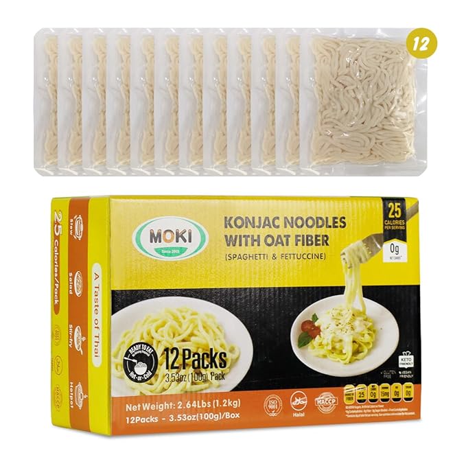 MOKI Since 2005 Konjac Shirataki Noodles with Oat Fiber, Gluten-Free, Keto&Paleo-Friendly, Vegan, Low Carb,Low Calorie Shirataki Pasta, Oat Flavor Spaghetti from Thailand (12 Packs, DWT. 3.53 oz Each)
