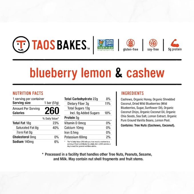 Taos Bakes - Blueberry Lemon + Cashew Coconut - Breakfast Bar - Gluten Free, Non-GMO, Healthy Granola Bars - Filled with Cashews, Wild Blueberries, Coconut Flakes, & Chia Seeds - 12 Pack, 1.8oz ea