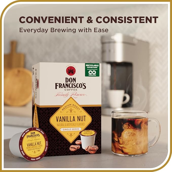 Don Francisco's Vanilla Nut Flavored Coffee Pods, 55 Count, Medium Roast, Compatible with Keurig Brewers