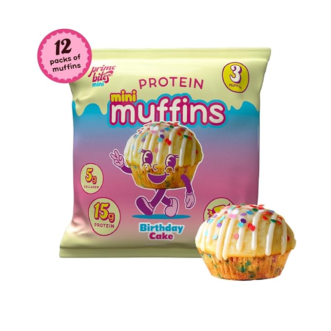 Prime Bites Minis - High Protein Muffin (12 Per Box, Birthday Cake) - 15g of Protein, 5g of Collagen, Gluten Free, Low Sugar Treat, Delicious Protein Snack