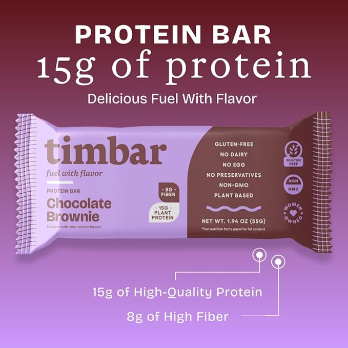 timbar Plant-Based Protein Bars, Chocolate Brownie | 14g Plant Protein, 8g Prebiotic Fiber | Gluten, Dairy & Egg Free, Non-GMO, No Sugar Alcohols (4 Pack)