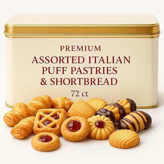 Premium Assorted Italian Puff Pastries & Shortbread Cookies – 72 Count Gift Tin. Free From Artificial Colors, Preservatives, Hydrogenated Fats And Kosher Certified. Package May Vary