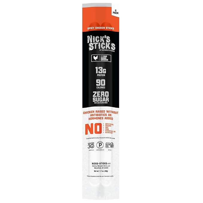 Nick's Sticks Spicy Free Range Clean & Balanced Chicken Snack Sticks | Made in the USA | Gluten Free | Paleo | Keto | Whole30 Approved | No Soy, Antibiotics or Hormones (12 – 1.7oz. Packages of 2 Sticks)