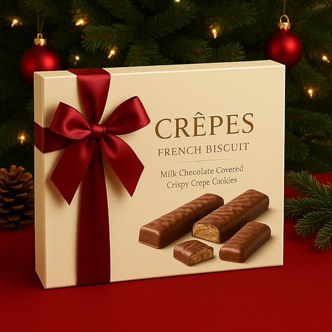 Luxury Crepes French Biscuit Gift Box, Milk Chocolate Covered Crispy Crepe Cookies – European Gourmet Chocolate Biscuits in Elegant Gift Packaging, 19.36 oz – Valentines Chocolate & Christmas Gift Box.Package May Vary