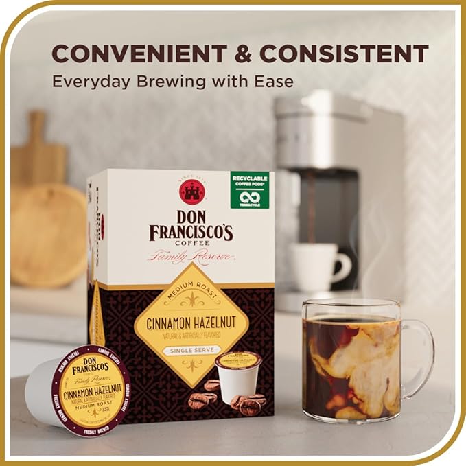 Don Francisco's Cinnamon Hazelnut Flavored Coffee Pods, 72 Count, Medium Roast, Compatible with Keurig Brewers