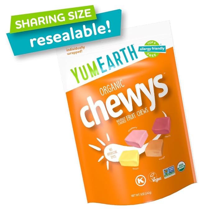YumEarth Organic Fruit Chews - Fruit Flavored Candy Chews, No Dye, Allergy Friendly, Gluten Free, Non-GMO, Vegan Candy with No Artificial Dyes, 5 ounce (Pack of 6)