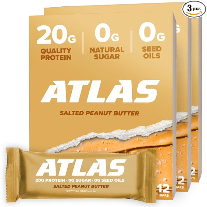 Atlas Real Food Protein Bar – 20g Clean Protein, 0g Sugar, No Seed Oils, No Artificial Sweeteners (Salted Peanut Butter, 36 Count)