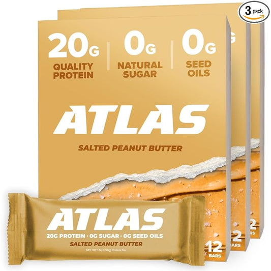 Atlas Real Food Protein Bar – 20g Clean Protein, 0g Sugar, No Seed Oils, No Artificial Sweeteners (Salted Peanut Butter, 36 Count)