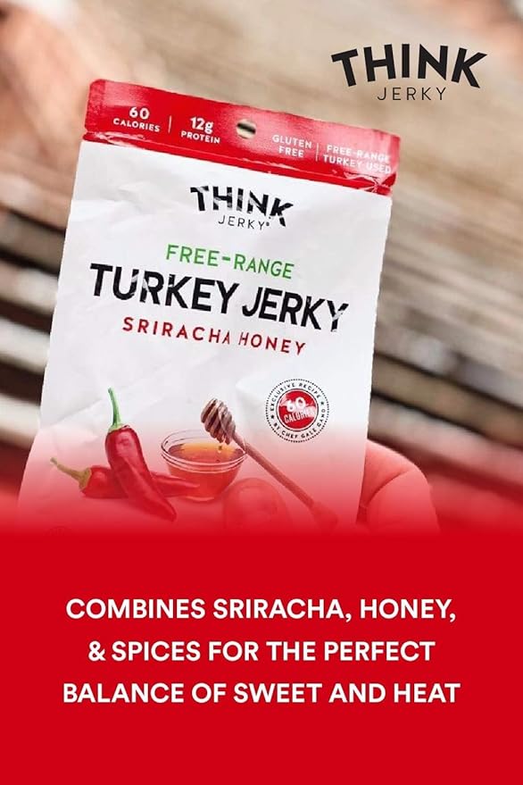 Think Jerky Sriracha Honey Turkey Jerky, High Protein Free-Range Turkey, Gluten Free, No Antibiotics or Nitrates, Healthy Chef Crafted Recipe, Low Calorie and Low Fat - 2.2 oz Bags, 4 Pack